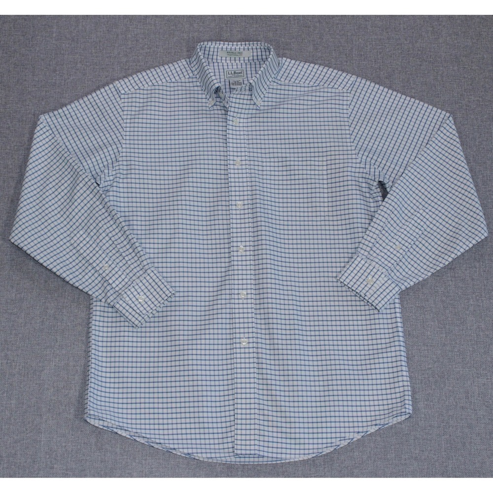 L.L. Bean Button Down Shirt Traditional Fit Mens 15-33 Blue Check Wrinkle Free
